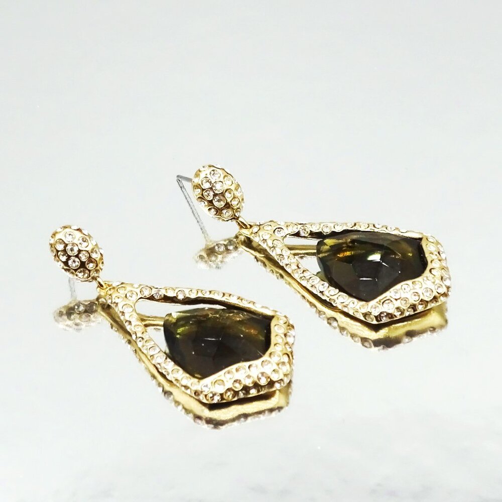 ALEXIS BITTAR Yellow Gold Plated Faceted Brown & Clear CZ Pave Dangle Earrings - Picture 2 of 8